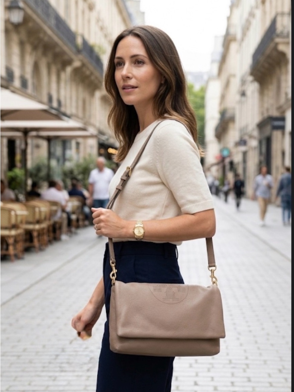 Tory Burch Savannah Pebble Leather fold over Crossbody Bag Tan & Gold w dust bag
